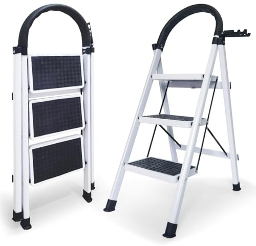 Escalera Plegable de 2, 3 y 4 Peldaños con Soporte Adicional y Mango Antideslizante | Ladder Multifuncional Antideslizante | Ligera, portátil y Segura para Todo Tipo de Tareas (3 Peldaños)