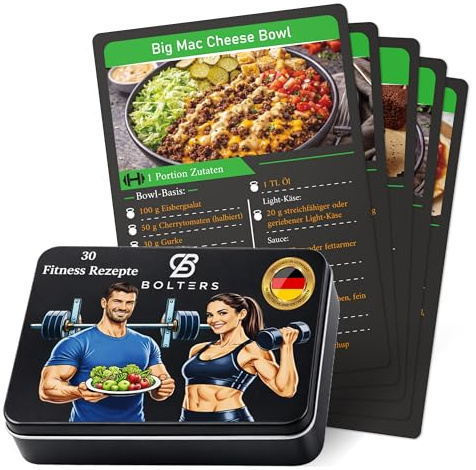 Bolters Fitness Rezeptkarten – 30 High-Protein Rezepte mit Makros, Fitness Karten statt Kochbuch, für Muskelaufbau & gesunde Ernährung, Geschenk für Fitnessfans, in schwarzer Metalldose