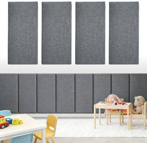 Väggpaneler, vadderade set om 4, 40 x 20 cm, självhäftande, rektangulära dekorativa väggpaneler, väggkuddar, väggkuddar för sänghuvuddel, barnrum, sovrum och kontor (mörkgrå)