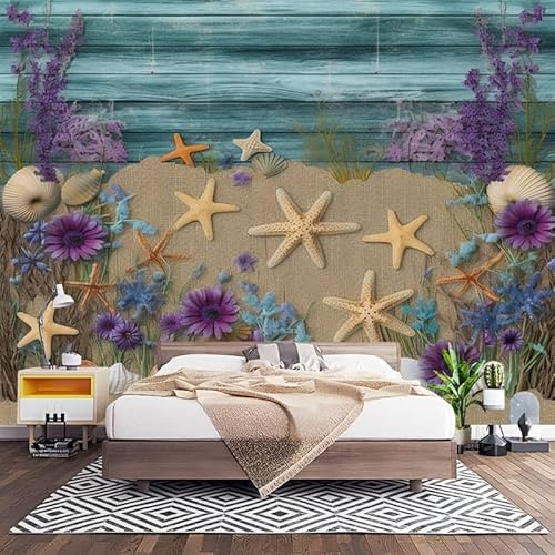 Estrella de Mar Retro Con Veta de Madera Papel Pintado Fotomural de Tela No Tejida, Decoración de Pared para Salón, Oficina y Comedor, Paisaje Costero Revestimiento Decorativo de Interior 200x140 cm