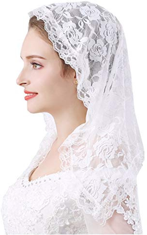 Grettytling Velo de mantilla de encaje, suave y cómodo, 7 colores, estilo español, velo de encaje rosa, cubierta de cabeza en forma de D, Blanco-01, M
