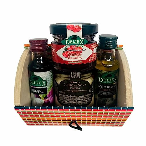 Baúl de madera multicolor con productos gourmet, miniaturas de aceite, vinagre, mermelada de fresa y queso oveja y vaca (Pack 24 ud). Regálalo a los invitados de tus eventos.