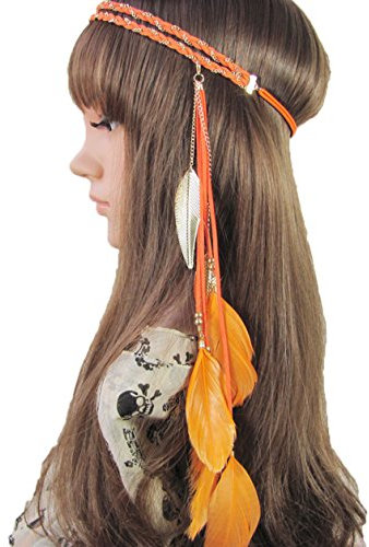 TININNA Bohème Style Indien Bandeau Coiffe avec des Plumes de Paon Accessoires pour Cheveux Plume de Paon Orange