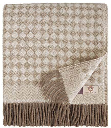 Linen & Cotton Warme Decke Wolldecke Wohndecke Kuscheldecke Paris mit Rautenmuster - 100% Reine Neuseeland Wolle, Braun (140 x 200 cm), Sofadecke/Tagesdecke/Überwurf/Plaid Sofa Couch/Schurwolle