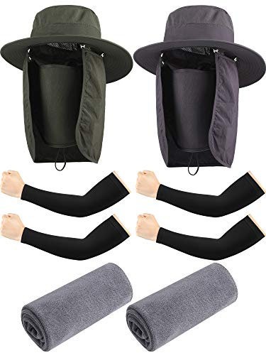 SATINIOR 2 Stücke Unisex Sonnenhut Sommer Angel Kappe mit UV Schutz Gesichtsschutz Halsklappe, 2 Paar Kühl Arm Hülsen und 2 Stücke Sport Tüchern für Männer Frauen Outdoor Aktivitäten