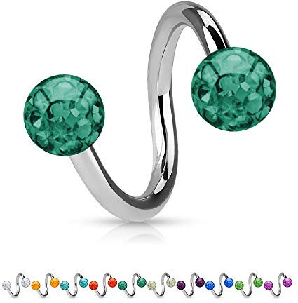 Treuheld® | 1.2mm x 10mm Piercing Spirale/Twister Silber | 4mm Kristall Piercing-Kugeln | Dunkel-Grün | Chirurgenstahl | Nabel, Ohr