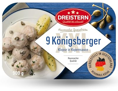 DREISTERN Königsberger Klopse 900g I 9 Klopse in heller Kapernsauce I Herzhaftes Fertiggericht in Mikrowellenschale I Lange Haltbarkeit dank natürlicher Konservierung I Hausmacher Qualität