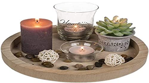 Out of the blue Plato de Madera de Color Natural, Redondo, con 2 portavelas de Cristal, 2 Velas, 2 Velas y Piedras Decorativas, Home, Naturaleza, 23 cm