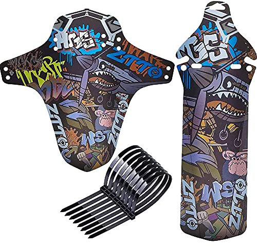 Parafango Bici MTB,Parafanghi 2 Pezzi Fashion Printing Styles Compatibili 26 27,5 29 Pollici Parafango Posteriore e Anteriore per Bicicletta MTB,8 Fascette per Cavi