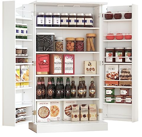 Yusong Kitchen Pantry Storage Cabinet Cupboard with Doors and 6 Adjustable Shelves for Small Space, Farmhouse Pantries Organization Cabinet for Dining Room, Living Room, White