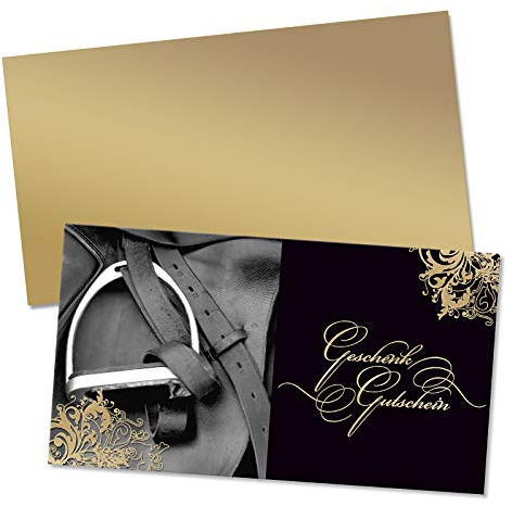 GESCHENKGUTSCHEINcom by POS-HAUER. Gutschein-Set. 25x Gutschein + Kuvert. Für Reitsportgeschäft Reiten Reitstunde. Reitgutscheine, blanko zum selber Ausfüllen.