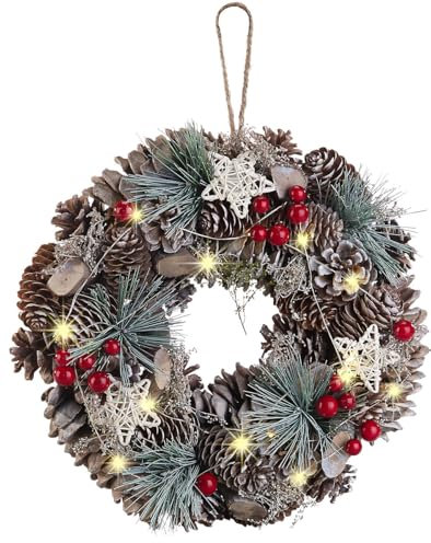 infactory Türkranz Weihnachten: Advents- und Weihnachtskranz mit LED-Beleuchtung, grün, rot, Ø 30 cm (Türkranz Weihnachten außen, Weihnachtskranz Tür außen, Lichterkette)