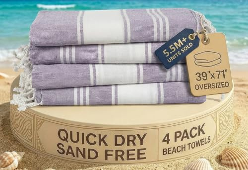 LANE LINEN Beach Towels 4 Pack Oversized, Turkish Towel Set, XL - Day Break