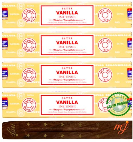 Original Satya Nag Champa Vanilla Incense Sticks | with M&J incense sticks holder | x4 pack | for Aromatherapy, Spa, Yoga, Weddings, Meditation, Healing, Positivity and Relaxation