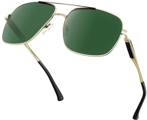 KANASTAL Green Sunglasses Womens Square Mens Polarised Wide Large Metal Ladies UV400 Protection Beach Vacation Urban Driving - Gold Frame Dark Green Lens
