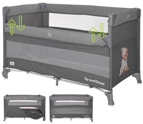 Lorelli 3 in 1 Babybett, Beistellbett und Laufstall Up and Down, Kinderbett mit 2 Ebenen, Seiteneingang und Faltbarer Seitenwand, Baby Reisebett, grau