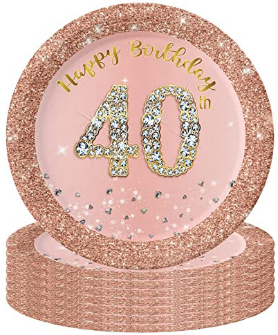 16 piatti di carta per 40° compleanno, 17,8 cm, in oro rosa, da donna, per festa di compleanno, decorazioni per la tavola per lei, donne, regalo per 40° compleanno