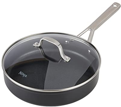 Ninja ZEROSTICK Essentials Cookware 26cm Sauté Pan with Glass Lid, Non-Stick, Long Lasting Forged Aluminium Sauté Pan, Induction Compatible, Oven Safe to 260°C, Black C10126UK