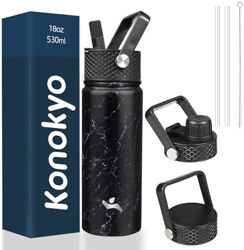 Konokyo Insulated Water Bottle with Straw,18oz 3 Lids Metal Bottles Stainless Steel Water Flask,Marble Midnight