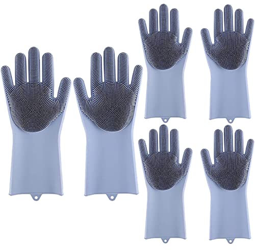 BAMFY 3 Pairs Silicone Dishwashing Gloves Reusable Sponge Cleaning Brush Kitchen Rubber Gloves for Dishes Housework Cars Washing Up Gloves (Color : Grey, Size : 120g)