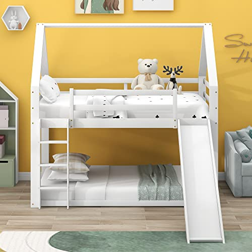 Moimhear Cama Doble Litera con Tobogán y Escalera, Cama para Niños, 90x200cm, White