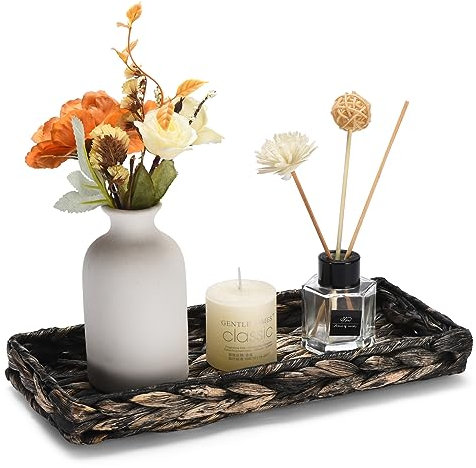 QSIDE Bandeja decorativa rectangular trenzada, gris, 30 x 13 x 3,5 cm, sostenible, de hierba de calabaza, cuenco decorativo, decoración de baño, bandeja para llaves, decoración bohemia, cesta de