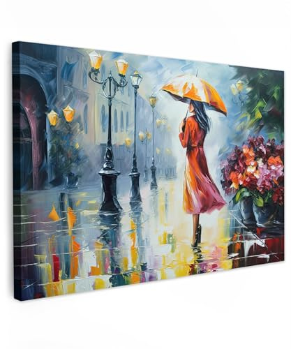 MuchoWow© Impressions sur Toile 90x60 cm Deco Tableau Murale Decoration Salon Peinture Tableaux Chambre Toiles Maison Peinture à l'huile - Parapluie - Femme - Rue - Art