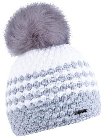 SABBOT Schick Damen Mütze mit Pelzbommel, Fleece-Futter, Wintermütze, Strickmütze, Warme Kappe (Grau und weiß)