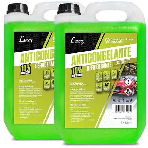 LUCCY Anticongelante Coche 10% Protección -5ºC Verde - 10 Litros - Líquido Refrigerante Profesional para Vehículos Fórmula Orgánica Long Life