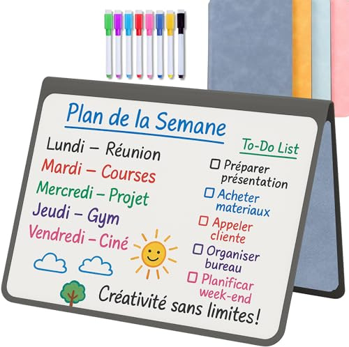 MandA® PIZARRA BLANCA pequeña | CUADERNO Pizarra PLEGABLE, BORRABLE y PORTÁTIL | Pizarra MAGNÉTICA | 2 x A5 + 11 Rotuladores + Borrador - Cuaderno de pizarra | INFANTIL| OFICINA | ESTUDIAR | Gris.