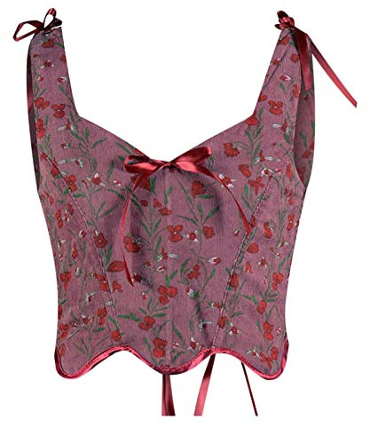 SenhE Damen Sexy Bustier Korsett Top Y2K Eyelet Schnürung Floral Print Push Up Crop Tops Vintage Tank Party Clubwear Bodice, 6-rot, 38