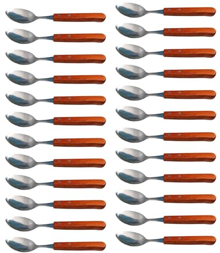 Acan Tradineur Lot de 24 cuillères de table en acier inoxydable et manche en bois, couverts classiques de cuisine, passent au lave-vaisselle, 20 cm