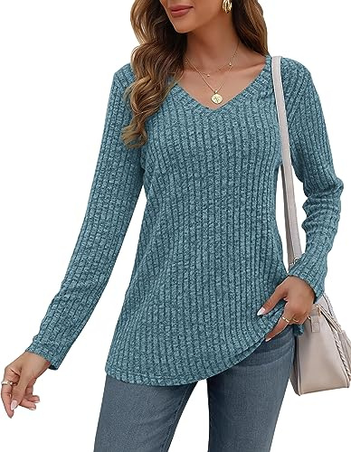 AUSELILY Pulls décontractés pour Femmes Sweatshirt col en V Haut de Mode à Manches Longues Léger Sweat en Tricot Tops Informal pour Française
