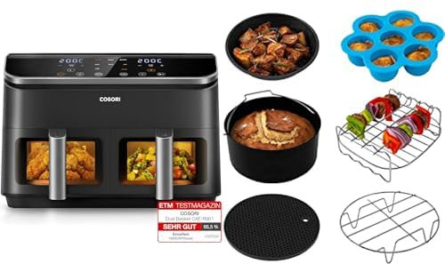 COSORI Heißluftfritteuse R901 & Sechsteiliges Zubehörset für Heißluftfritteuse - Schwarz, 8.5 Liter, 2 Zonen, Touch Control, BPA-frei, Spülmaschinenfest, Luftfritteuse, Küchengeräte