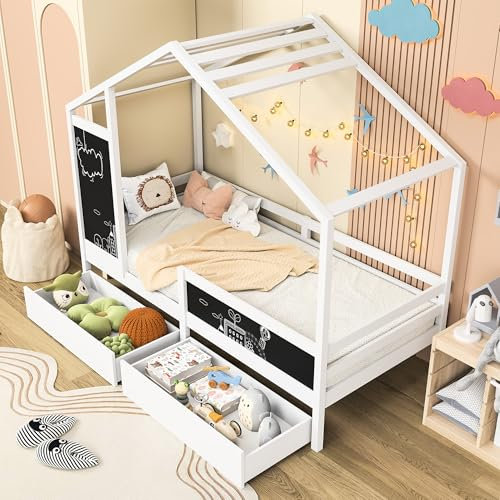 Hüttenbett 90 x 200 cm mit Dach und Lattenrost aus Kiefernholz, Kinderbett mit 2 Schubladen und Tafel, für Babys, Lattenrost, Weiß (ohne Matratze)