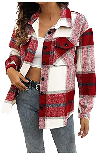 Lxitoler Chemise Femme A Carreaux Manche Longue Veste Femme Chic Et Elegant Manteau Hiver Femme Veste En Flanelle Avec Boutons Veste Chemise Classique Coton Plaid Veste