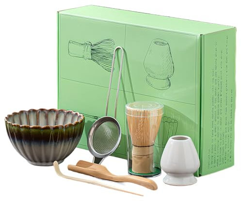 Juego de batidores Matcha de 6 piezas, batidor de bambú hecho a mano, cuchara para té tradicional, cuchara Matcha y soporte para batidor de cerámica, regalos de Matcha de cerámica esmaltada B