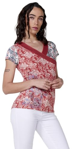 Koroshi Camiseta Manga Corta Cuello Pico Cruzado para Mujer, de Color Rojo/Red, Talla XL