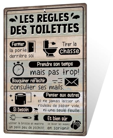 Putuo Decor Plaque Métallique Les Règles des Toilettes avec Design Humoristique et Illustrations - Décoration Murale pour WC et Toilette Salle de Bain, Toilettes, Cadeau Original et Drôle, 20x30 cm