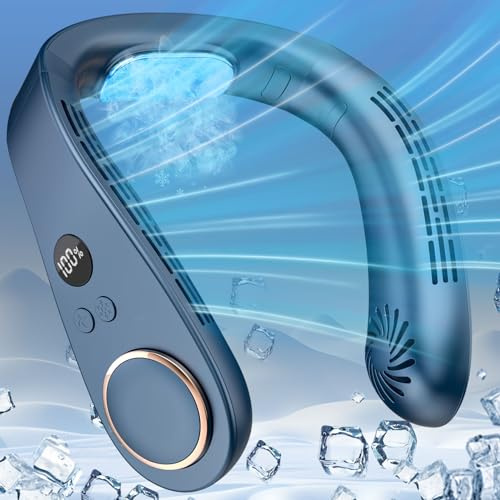 DDKJ Ventilador de Cuello con Aire Acondicionado 5500mAh,Aire Acondicionado Cuello 5 Velocidad,Neck Fan USB Rechargeable 3 Niveles de Frío,Mini Ventilador Portatil para Interior/Exterior-Azul