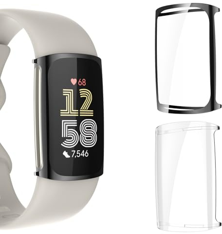 KIKISML 2 PCS Screen Protectors Compatible with Fitbit Charge 6 / Charge 5, Full Protective Ultra Slim Soft TPU Case Cover Compatible with Fitbit Charge 6 / Charge 5 (Clear, Black)