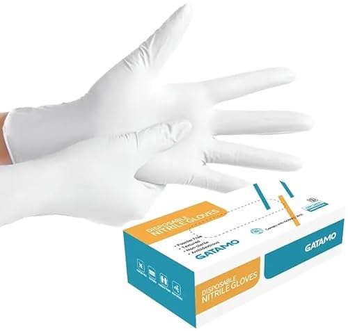 Gatamo White Nitrile Gloves - Powder Free, Disposable Gloves - Box of 100 Gloves (Large)