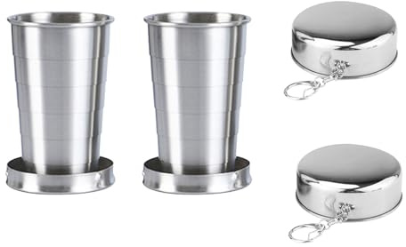 Edelstahl-Faltbecher mit Deckel, 2 Stück, 75 ml, faltbarer Reisebecher, Metall-Trinkbecher, Outdoor-Teleskopbecher, wiederverwendbar, tragbar, C-ollapsible Becher für Reisen, Camping, Wandern