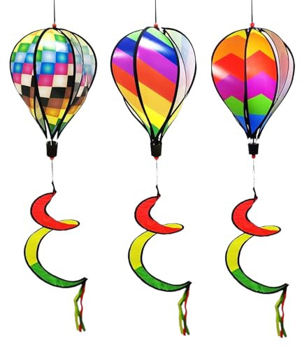BnyHjir Wind Spinner Decorations | Rainbow Windsock Rotating Sequins Windmill | 3x Hot Air Balloon Twisted Windmills Hangable Windsock Whirlygig Pinwheels for Patio Lawn Garden Outdoor Use