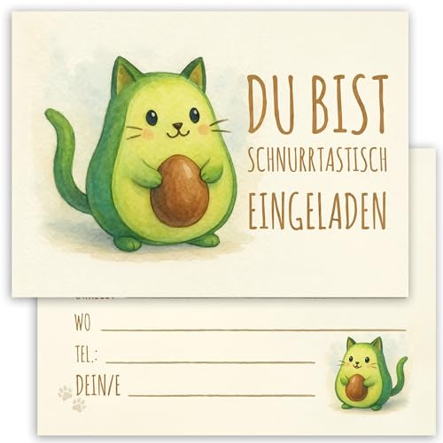 E&G Klasse 10x Kinder Einladungskarten Einladung Kindergeburtstag Avocado Katze Party Katzen Mädchen Jungen Geburtstagsfeier Geburtstag Einschulung