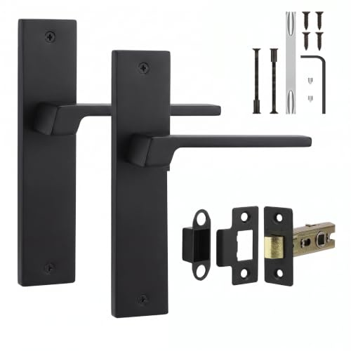 Decoranddecor Spectra Matt Black Door Handles Internal with Latch Kit | Tubular Latch Included, 64mm Fire Rated, No Key Needed, Interior Door Handles, 200x45mm Plate, Fixings