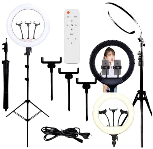 ASATO Ringlicht mit Stativ LED Ringlampe 70-220 cm mit 17,8 Zoll Ringleuchte - 3 Farbmodi mit je 10 Helligkeitsstufen, RGB Licht mit 3 Handyhaltern – 45 cm Ø Selfie Licht für Make Up, TikTok, Video