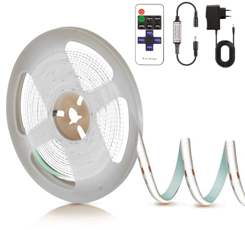 PSTAR Striscia LED COB 2M, Banda LED 6500K Bianco Dimmerabile con con Alimentatore e Telecomando, Autoadesiva 24V, 320LEDs/m nastro luminoso Luci tagliabile per Cucina, Soggiorno, Scale