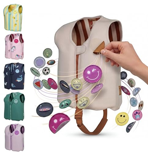 NOARD Kinder Schwimmweste (2-6 J. / 15-30 kg) Schwimmhilfe mit Schrittgurt | Wechsel-Patches für hohen Tragespaß | EN 13138-1:2021 | 8 herausnehmbare Schwimmkörper | weiches Neopren | Schwimmlernhilfe