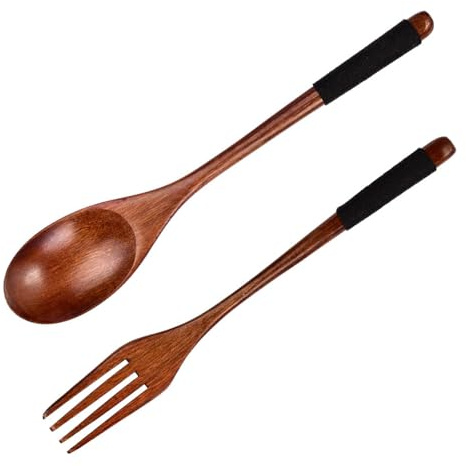Juego de 2 cucharas y tenedores de madera, materiales naturales, diseño de mango largo para sopa, pastas, ensalada, accesorios de cocina sostenibles, juego de herramientas de cocina de madera